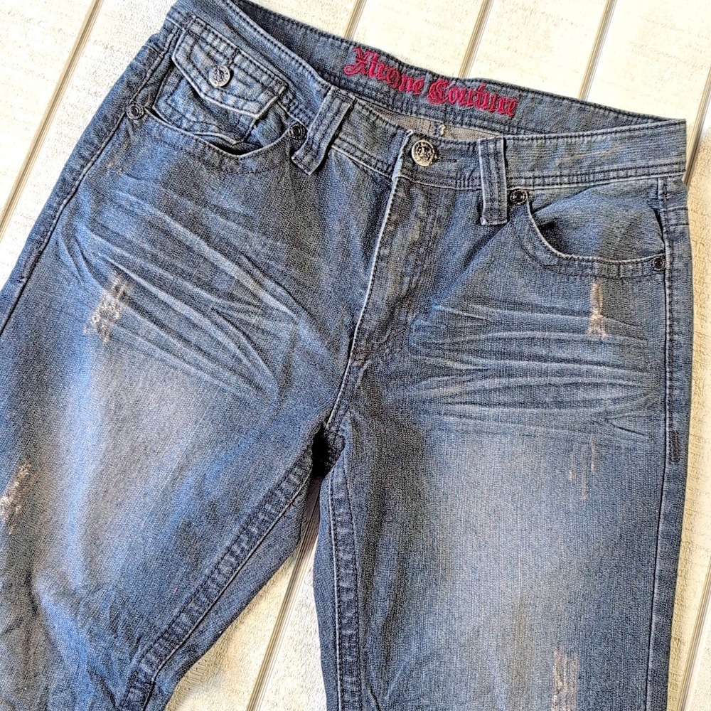 VTG Extreme Couture Mens Jeans 34x30 Blue Denim‎ Studded Cross Designer - Pants
